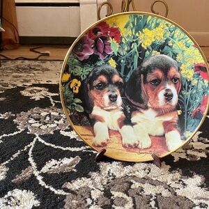 Decorative Plate with Puppies and Floral Design